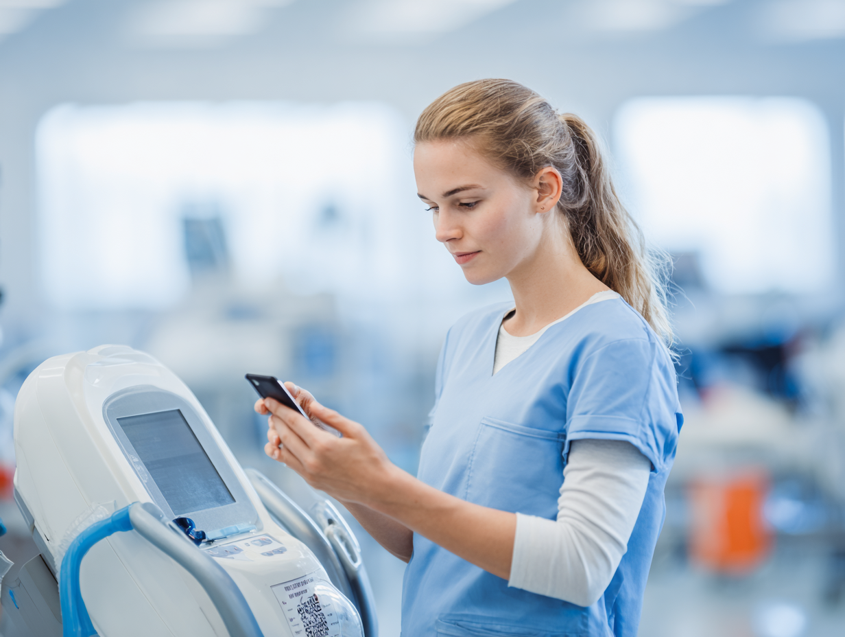 Healthcare worker scanning QR code on medical device